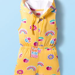 Babyhug Cotton Knit Sleeveless Hooded Jumpsuit With Floral Print - Yellow-picture-47