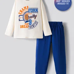 Primo Gino 100% Cotton Knit Full Sleeves Night Suit With Text Print - White & Blue-picture-12