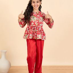 StyloBug Woven Three Fourth Sleeves Floral Printed Peplum Kurti Pant Set - Red-picture-44