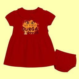 The Peppy Tend 100% Cotton Knit Durga Puja Theme Half Sleeves My First Durga Puja Text Printed Dress With Bloomer - Red-picture-9