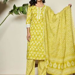SHRIZA Floral Printed Notch Neck Pure Cotton Straight Kurta With Trouser And Dupatta-15