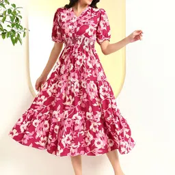 STARWORD Women Ethnic Motifs Printed Tiered Puff Sleeve Fit and Flare Midi Dress-picture-28