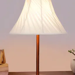 Aura Off White Textured Traditional Frustum Shaped Cotton Shade Wooden Table Lamp-image-61