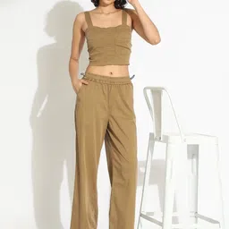 SHOWOFF Women Khaki Shoulder Straps Cotton Blend Crop Top & Trouser Co-Ords-picture-17