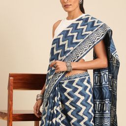 Taavi Indigo Block Printed Pure Cotton Saree-image-8