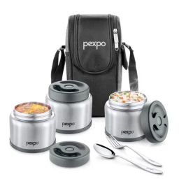 Pexpo Silver Stainless Steel Vacuum Insulated Lunch Box - Set of 3-39