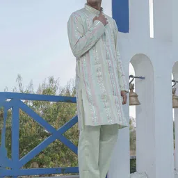 Stuffie Land Men Embroidered Regular Mirror Work Dupion Silk Kurta with Pyjamas image 3