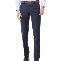 Van Heusen Navy Slim Fit Checks Flat Front Trousers-image-42