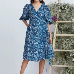 Okhai Sea Life Blue Pure Cotton Printed A-Line Wrap Dress-picture-23