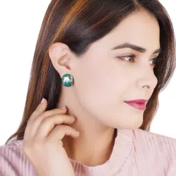 Estele Gold-Plated Round Stud Earrings with Green Enamel for Women-19