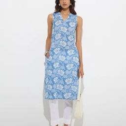 Utsa by Westside Blue Floral Detailed Cotton Straight Kurta-30