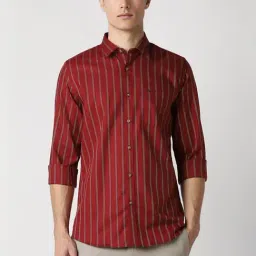 Peter England Red Slim Fit Striped Shirt-picture-7