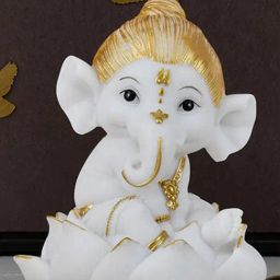 @Home White & Gold Resin Ganesha On Lotus Showpiece Idol-image-77