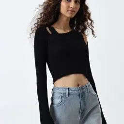 Nuon by Westside Black Ribbed-Textured Crop Top-image-30