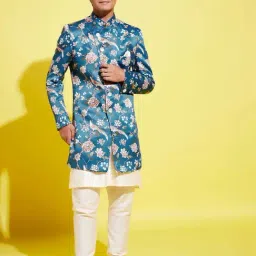 VASTRAMAY Boys Turquoise Floral Full Sleeves Indowestern Sets-image-95