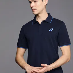 ASICS Men Navy Blue Polo Collar Training T-shirt With Logo Print-image-84