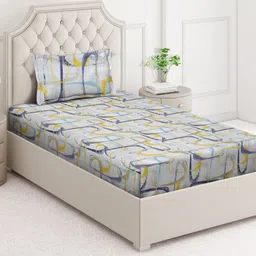 Arrabi Yellow & Blue Geometric 350 TC Single Bedsheet with 1 Pillow Covers-image-66