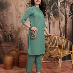 Sangria Band Collar Pure Cotton Lace Insert Detail Kurta with Trousers-image-50