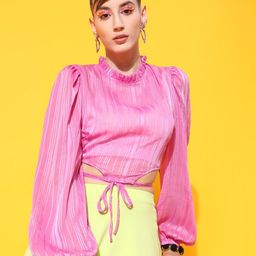 STREET 9 Women Pink Bishop Sleeves Polyester Crop Top-image-25