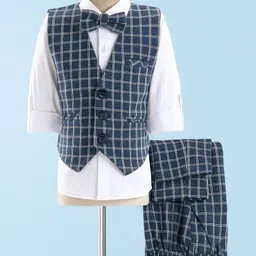 Robo Fry Full Sleeves Party Suit With Bow Checkered - Blue & White-picture-27