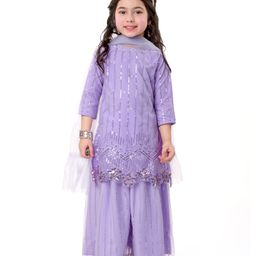 Babyhug Three Fourth SleevesSequenced Net Embroidered Kurti Sharara and Dupatta Set - Lavender-image-42