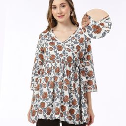 Bella Mama 100% Cotton Woven Overlapping Front With Three Fourth Sleeves Maternity Top Floral Print - White-image-19