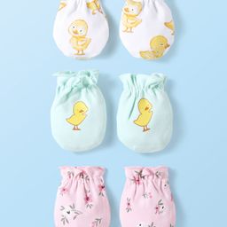 Babyhug 100% Cotton Duck and Flower Print Mittens Pack of 3 - Multicolor-image-36