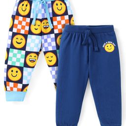 Babyhug Cotton Knit Full Length Smiley Printed Lounge Pants Pack of 2 - Light Blue & Navy Blue-image-48