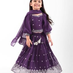 Babyhug Woven Three Fourth Sleeves Georgette Sequin Embroidered Choli Lehenga & Dupatta Set - Purple-image-17