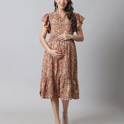 Moms Maternity Half Frill Sleeves Floral Printed Maternity Dress With Concealed Zipper Nursing Access - Navy Blue-image-61