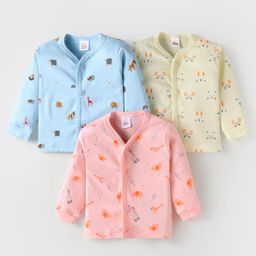 Mini Donuts Interlock Knit Full Sleeves Front Open Vests With Animal Print Pack of 3 - Light Blue Peach & Lime Green-picture-10