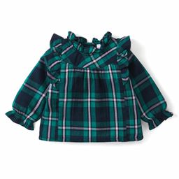 Babyhug Rayon Woven Full Sleeves Checked Top with Frill Detailing - Green-image-76