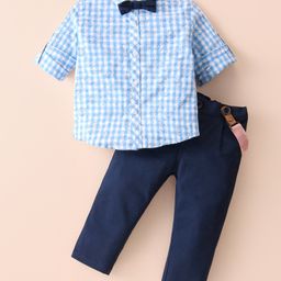 ToffyHouse 100% Cotton Woven Full Sleeves Space Theme Printed Checkered Shirt & Trouser Set with Bow & Suspender - Navy Blue-image-83