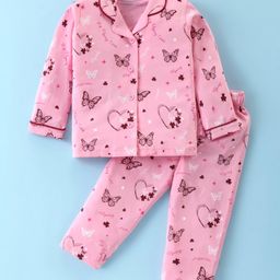 Doreme Single Jersey Knit Full Sleeves Night Suit Butterfly  & Heart  Print - Pink-image-94