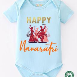BLUSHES Navaratri Theme 100% Cotton Half Sleeves Happy Navaratri Text Printed Onesie - Aqua Blue-picture-6