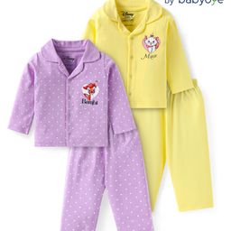 Babyoye DisneySingle Jersey Knit Full Sleeves Front Open Night Suit with Bambi & Marie Graphics - Yellow Lilac-image-67