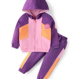 Babyhug Terry Knit Full Sleeveless Cut & Sew Hooded Sweatjacket & Joggers Set with Text Patch - Purple-image-97