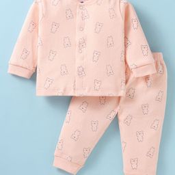 Simply Cotton Knit Full Sleeves Front Open Night Suit With Bear Print - Peach-image-43