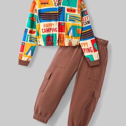 Ollington St. 100% Cotton Knit Full Sleeves Camping Theme Printed Top & Cargo Joggers Set- Brown Yellow & Green-image-92