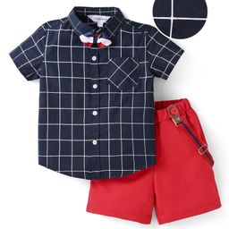 Mark & Mia Half Sleeves Checked Shirt & Shorts Set with Bow & Suspenders - Navy Blue & Red-image-40
