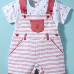 ToffyHouse Cotton Knit Dungaree & Half Sleeves T-Shirt With Anchor Embroidery & Print - Coral & White-image-25