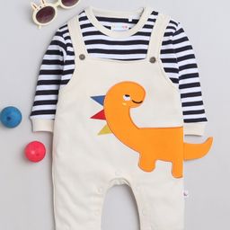 BUMZEE Interlock Knit Full Sleeves Romper with Stripes & Embroidered Dinosaur - Beige & Navy Blue-image-89