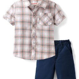 Babyhug Cotton Woven Half Sleeves Checks Shirt & Shorts Set - Beige & Navy Blue-image-2