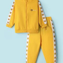 Mark & Mia Terry Knit Full Sleeves Front Zipper Winter Wear T-Shirt & Pant Set With Teddy Embroidery Detailing - Yellow-image-15