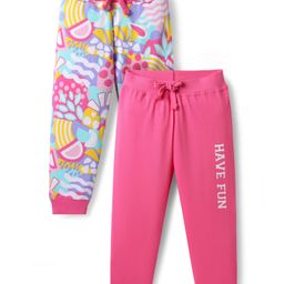 Babyhug Single Jersey Knit Full Length Lounge Pants With Text Print Pack Of 2 - Pink & Light Blue-image-83