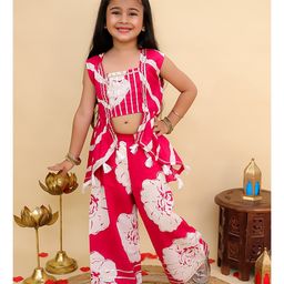 AJ Dezines Cotton Woven Sleeveless Floral Printed Gota Lace Embellished Top With Attached Shrug & Coordinating Pant Set - Pink-image-12
