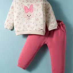 ToffyHouse Knit Woven Full Sleeves Top & Jogger Set with Floral & Bunny Print - Pink & Cream-picture-24