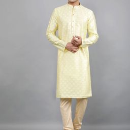 Manish Creations Ethnic Motifs Woven Design Band Collar Jacquard Kurta with Churidar-image-37