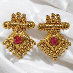 Vighnaharta Gold-Plated Artificial Stones Studded Diamond Shaped Drop Earrings-image-32