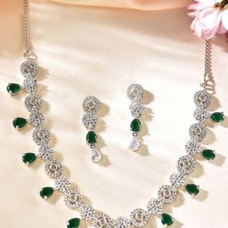 VOJ Stainless Steel Silver-Plated American Diamond-Studded Jewellery Set-picture-14